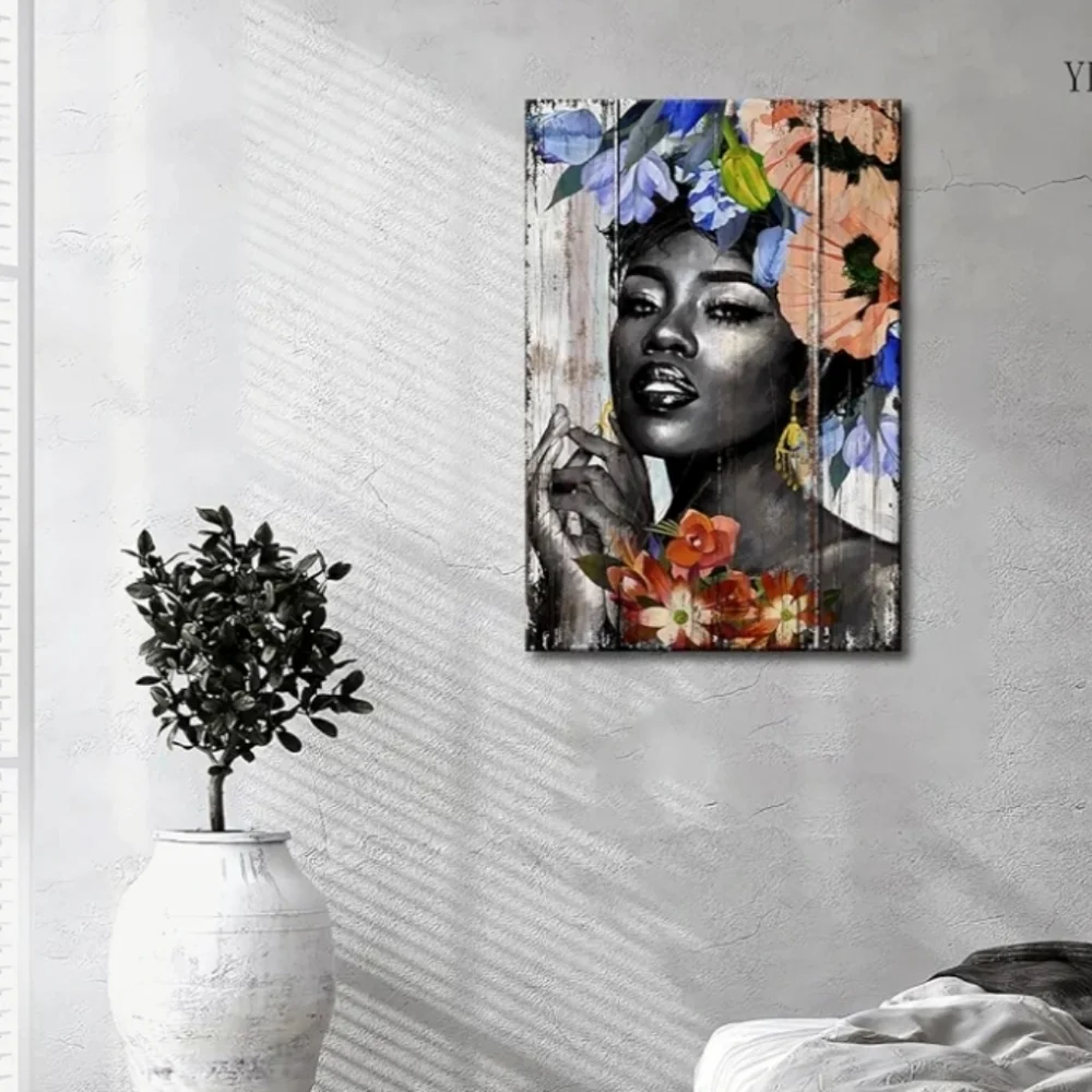 Yeawin African American Wall Art Black Girl Black Woman with Flower Canvas Wall